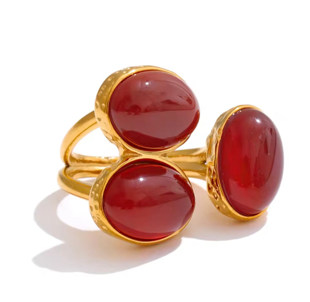 Red Agate Cluster Crystal Ring 18k Gold Plated