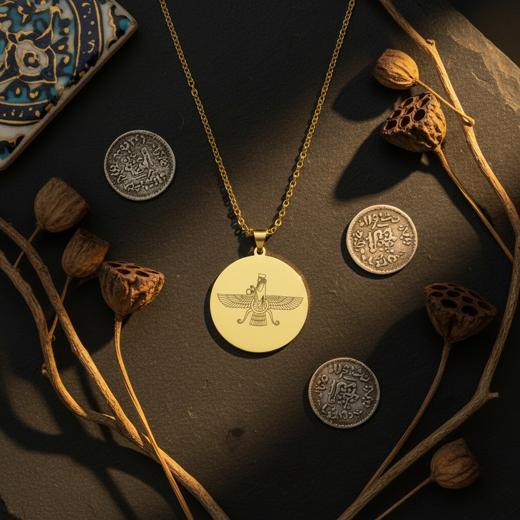 Hero 3 Recreated — Faravahar Flat Lay with Persian Elements