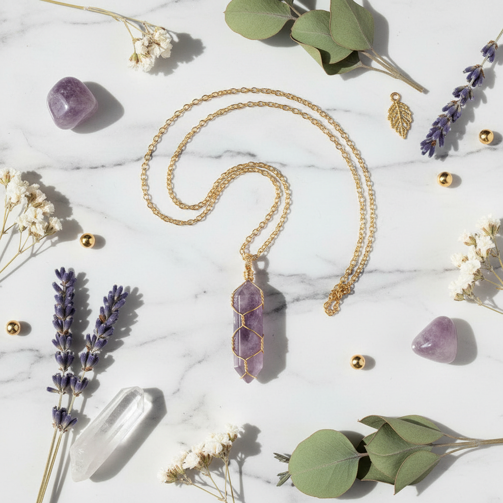 Hexagonal pendant and necklace flat lay on marble with crystals and dried flowers