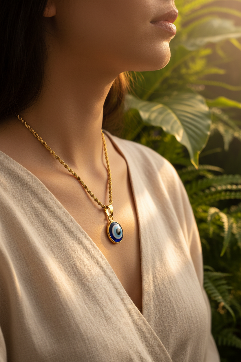 Evil Eye Necklace gold chain side profile, golden hour nature backdrop