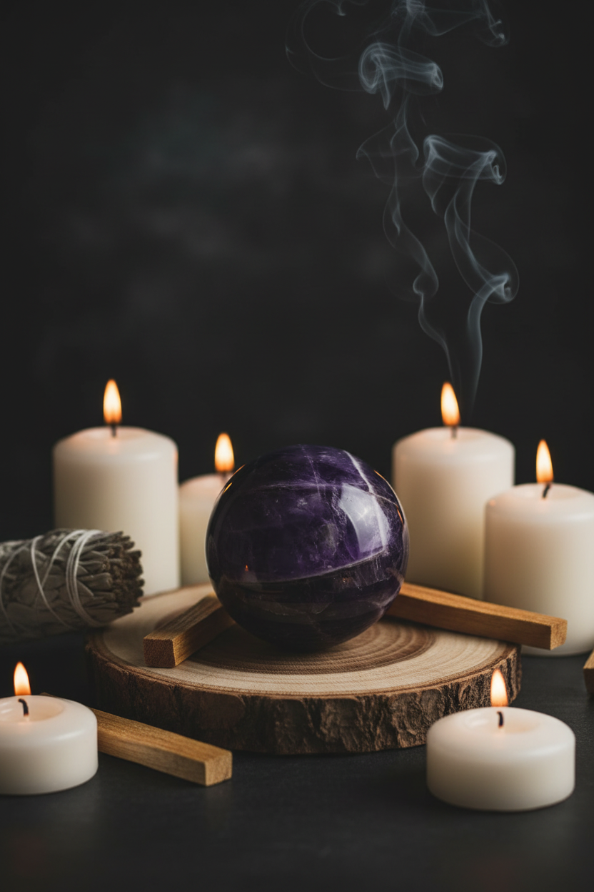 Amethyst crystal globe with candles, palo santo and dried sage in a spiritual ritual setting