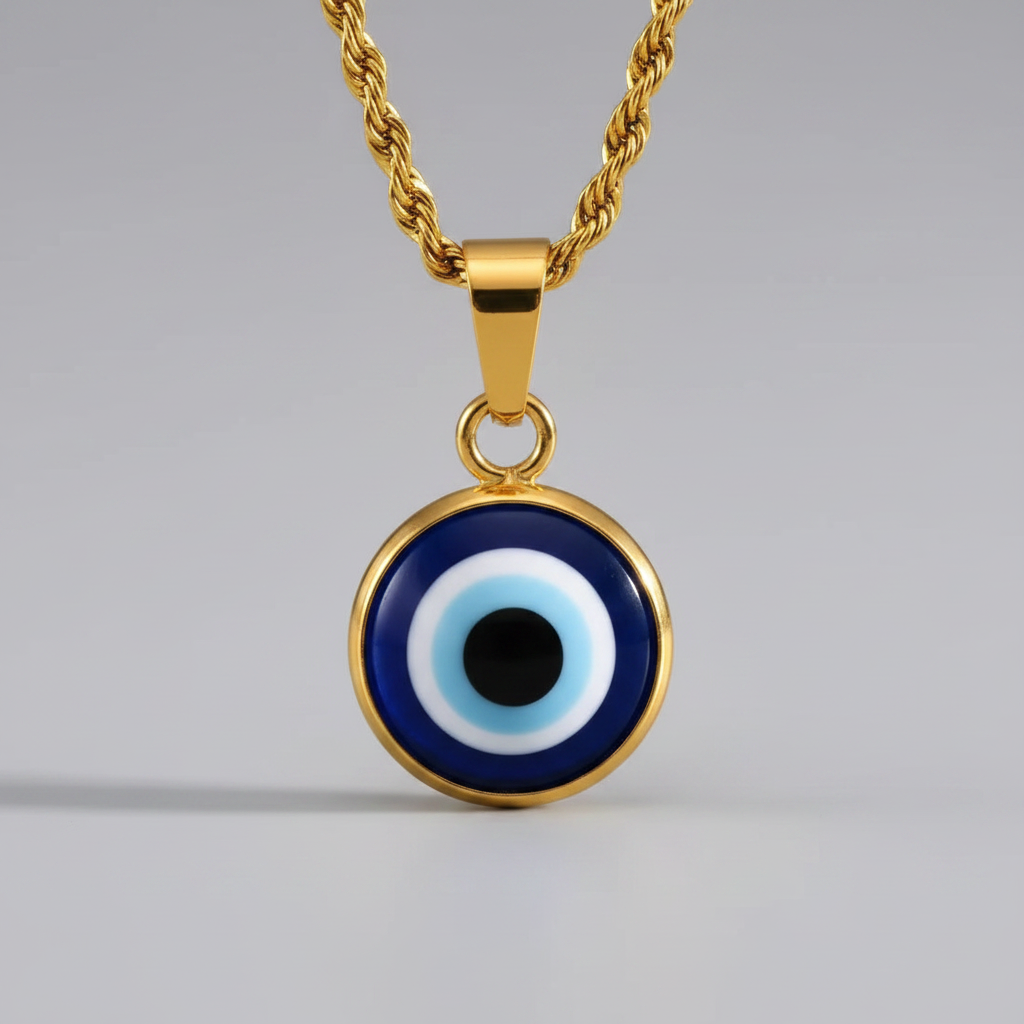 Close-up of blue evil eye pendant with gold bezel