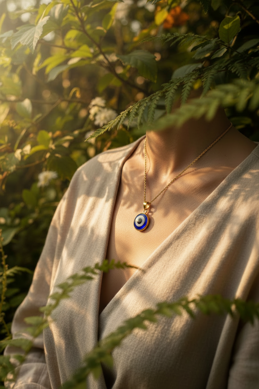 Evil Eye Necklace gold chain close-up, moody dramatic lighting with nature backdrop