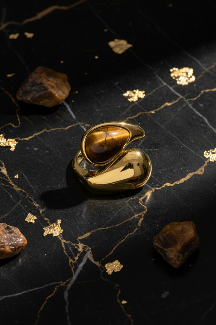 Tiger Eye ring portrait flat lay on black marble with gold leaf accents