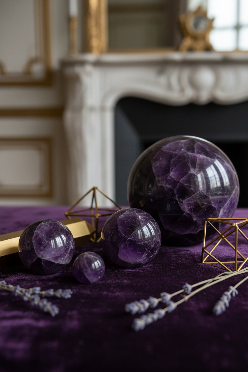 Amethyst crystal globes in graduating sizes on dark velvet with gold props - portrait