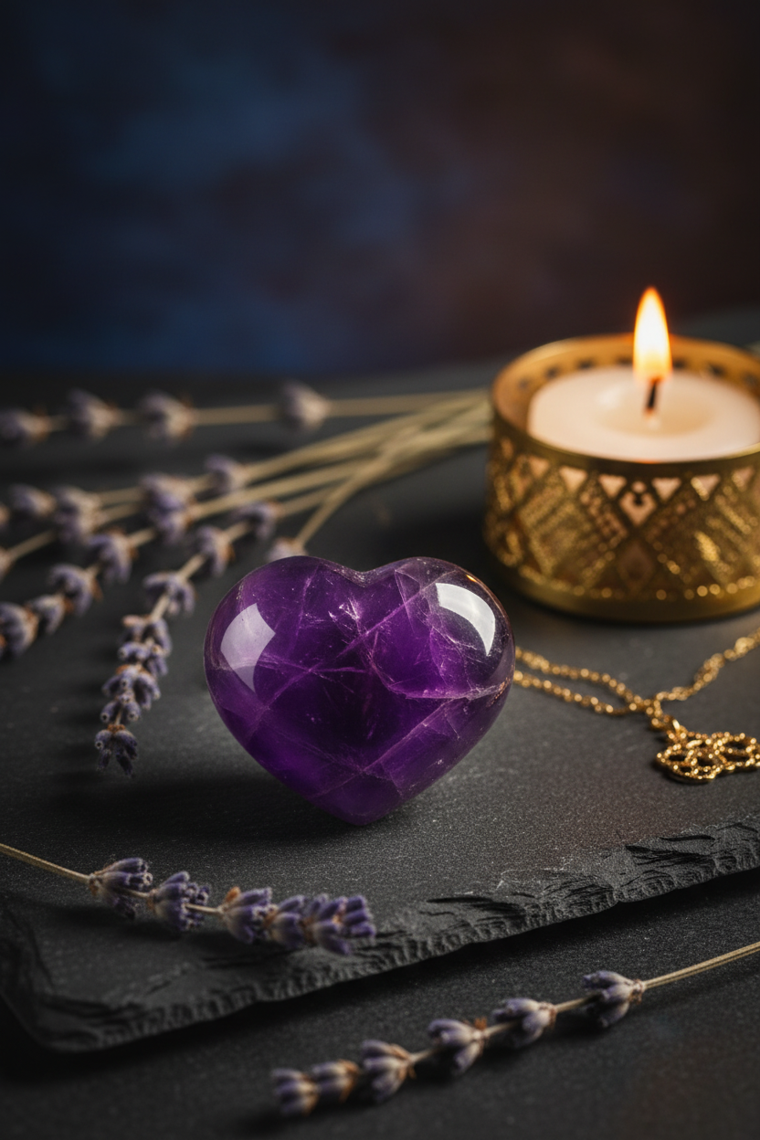 Polished amethyst crystal heart on dark slate with lavender and candlelight