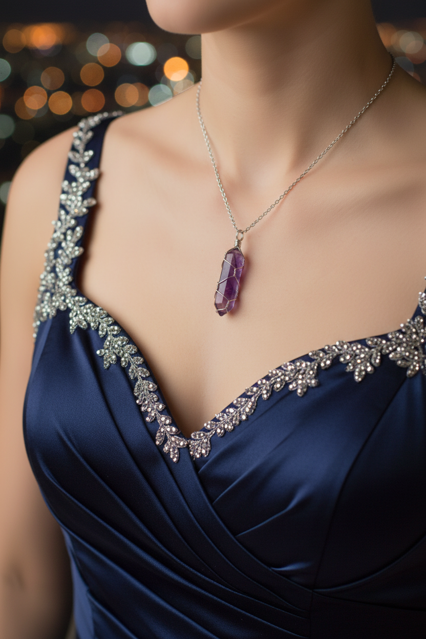 Hexagonal pendant and necklace worn at a sophisticated evening event