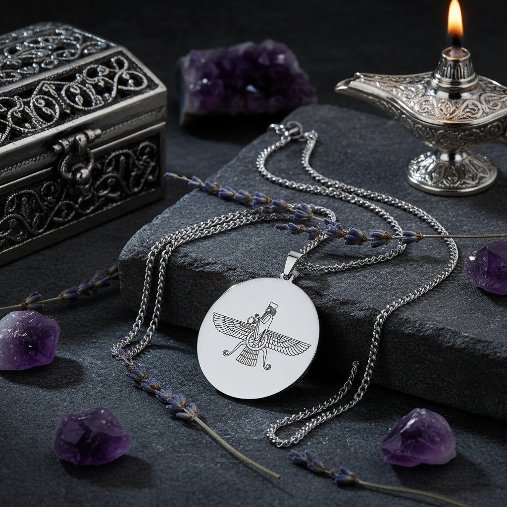 Faravahar Medallion Necklace in Silver — 45° angle on aged stone with silver filigree box and amethyst crystals