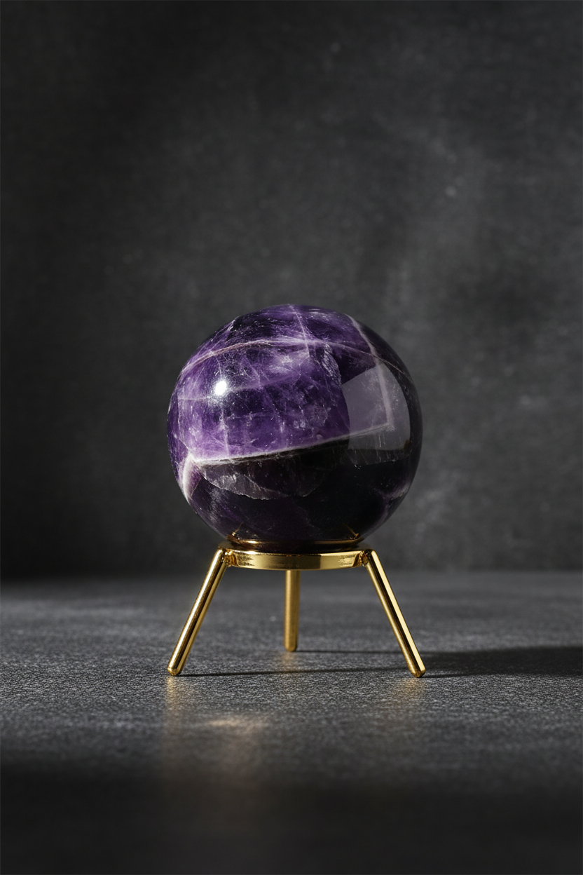 Polished amethyst crystal globe on a gold stand against a dark charcoal background