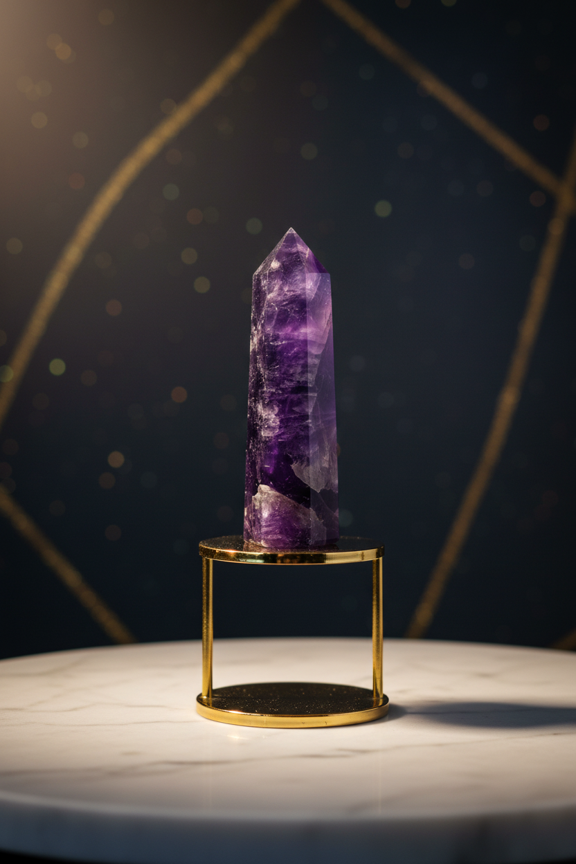 Amethyst crystal tower on gold stand against dark charcoal background