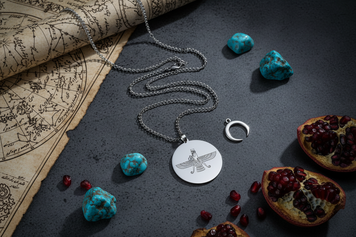 Faravahar Medallion Necklace in Silver — diagonal on charcoal with Persian star map scroll and turquoise stones