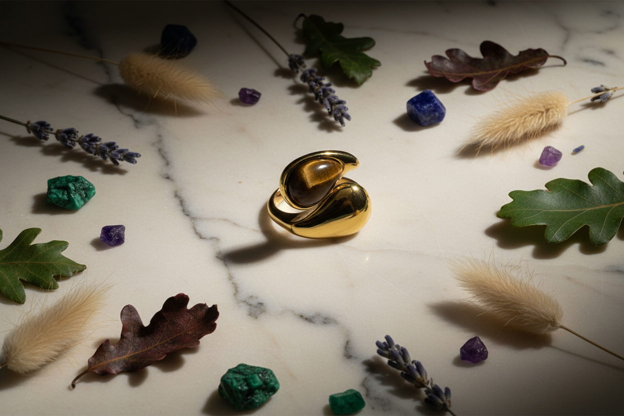 Tiger Eye ring flat lay editorial with botanicals and gemstones