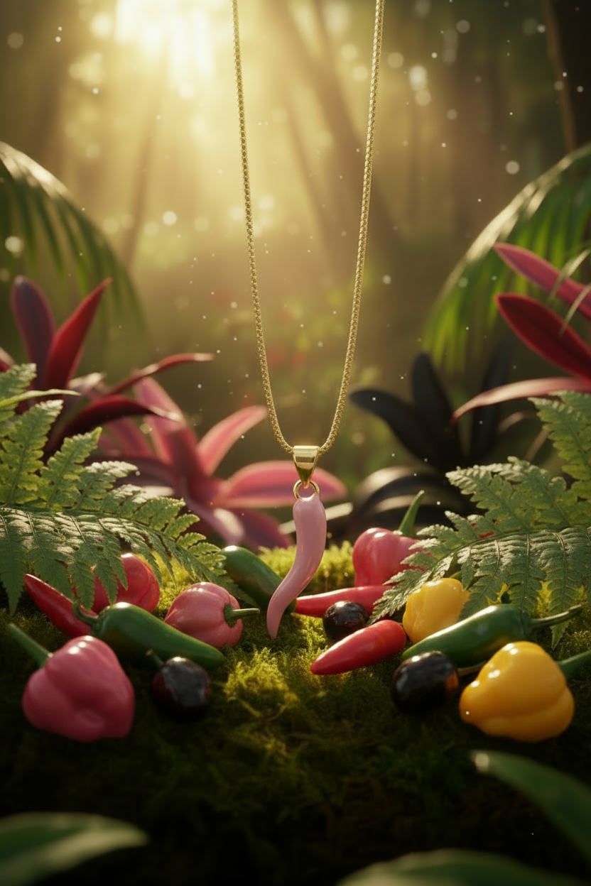Chili Charm pendant necklace surrounded by colourful chilli varieties in a golden hour rainforest setting