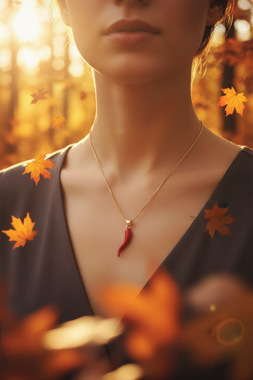 Red cornicello charm necklace worn in golden hour forest with autumn leaves