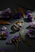 Crystal Quartz & Amethyst Gold Plated Ring - dark editorial flat lay portrait