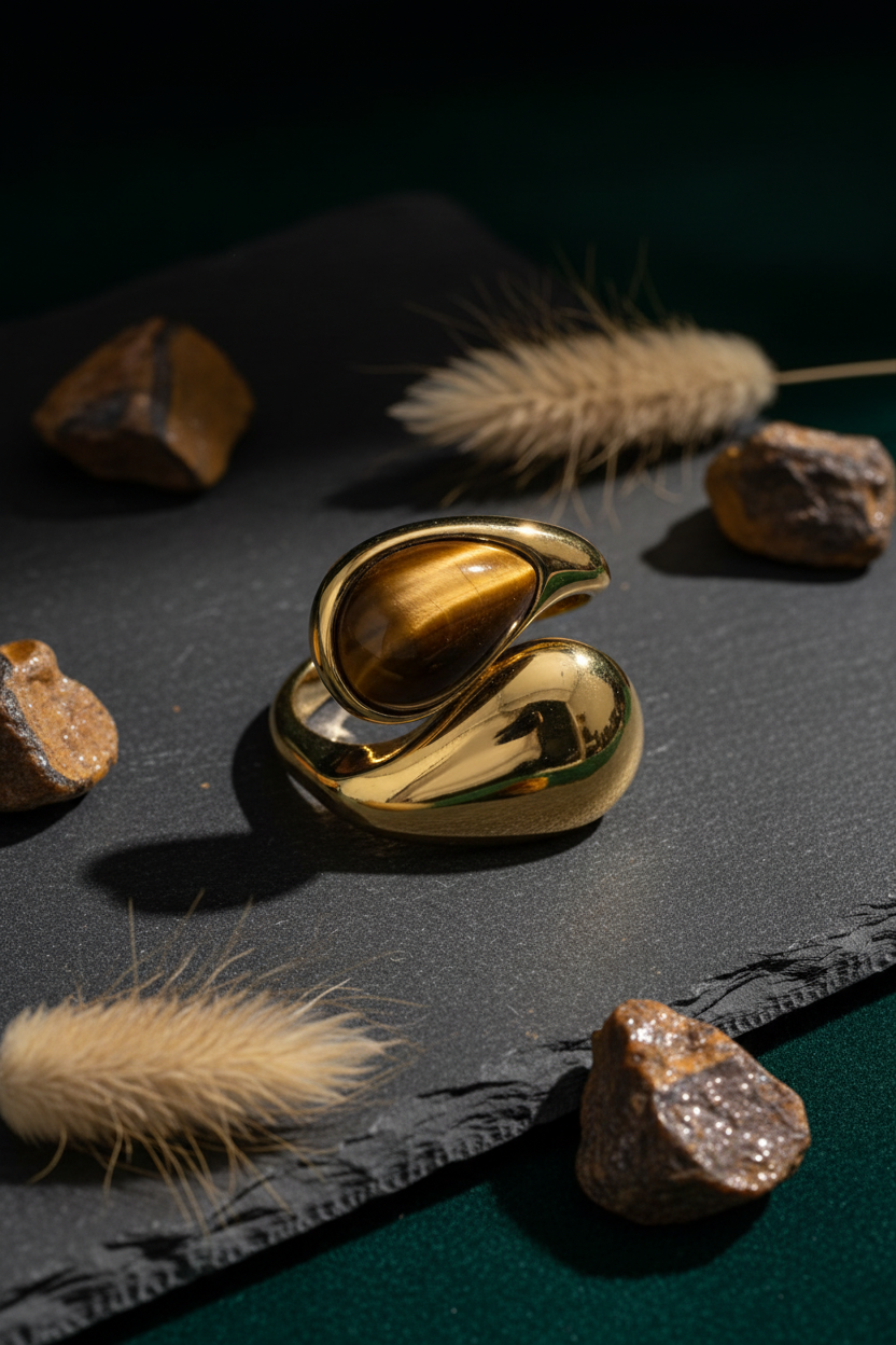 Tiger Eye ring portrait flat lay on dark slate with pampas grass and raw crystals
