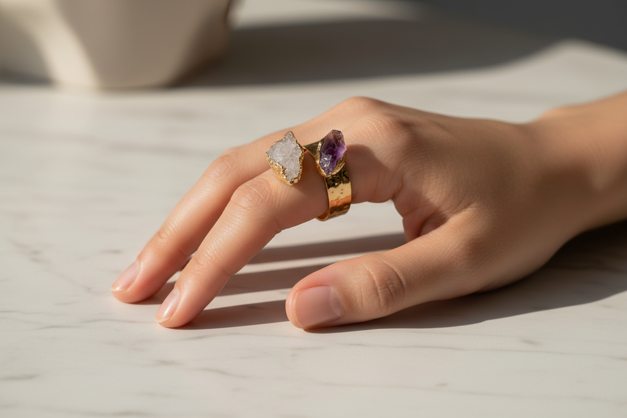 Crystal Quartz & Amethyst Gold Plated Ring - lifestyle shot on marble surface