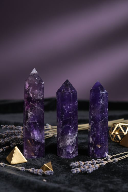 Three amethyst crystal point towers in graduating heights on dark velvet with lavender and gold props