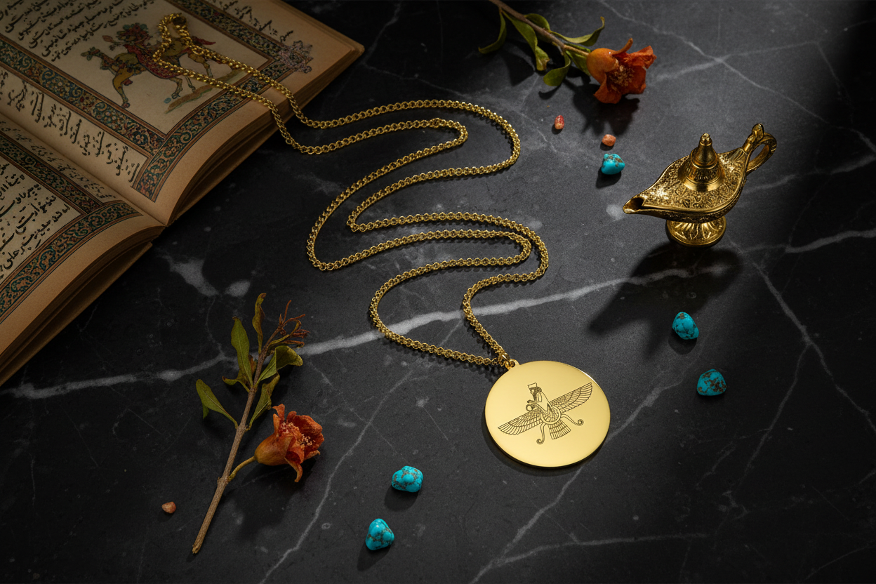 Faravahar Medallion Necklace — diagonal on dark marble with ancient manuscript, turquoise gems and gold oil lamp