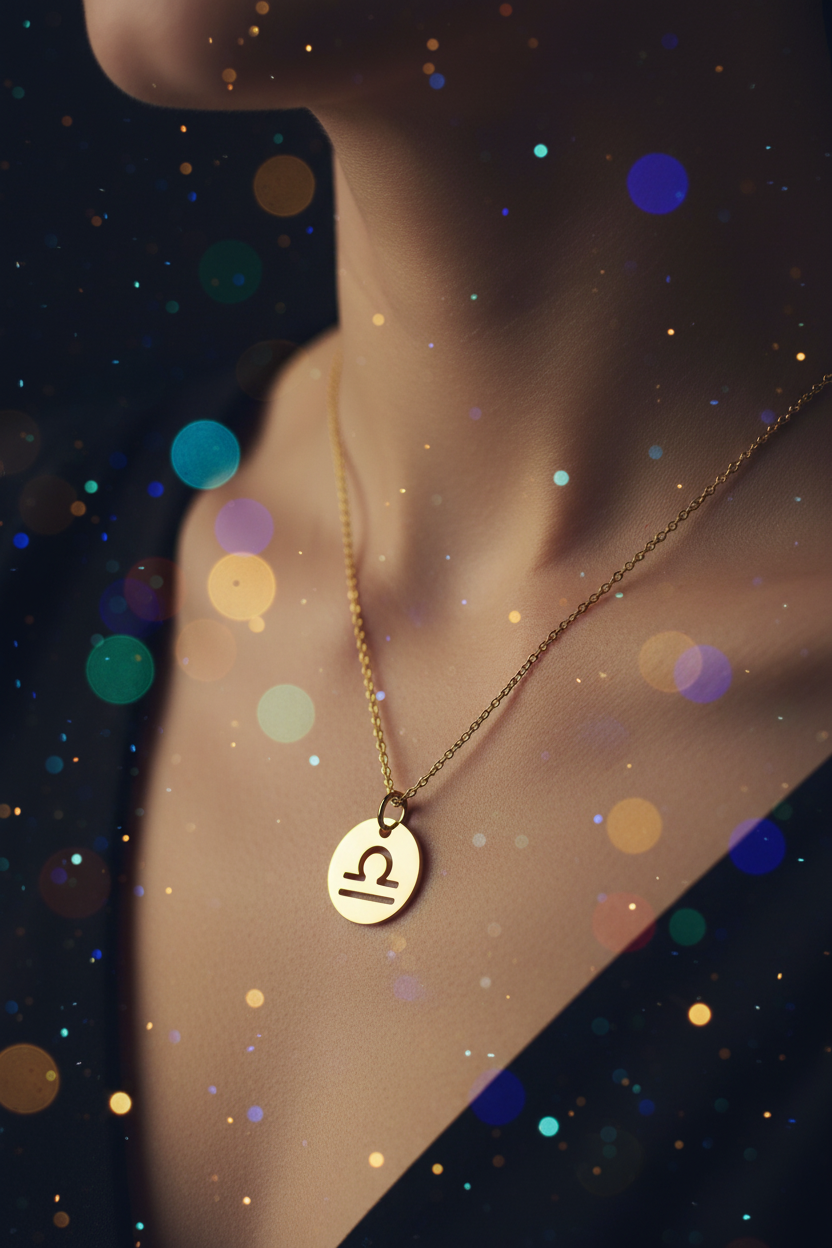 Zodiac Gold Pendant Necklace lifestyle shot worn on collarbone with starry backdrop