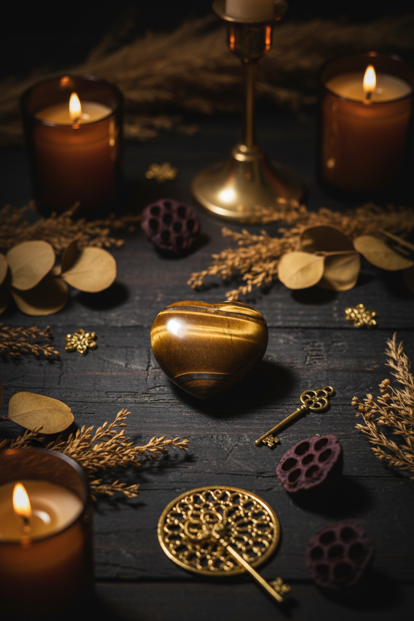 Polished tiger eye crystal heart on dark wood with botanicals and amber candlelight