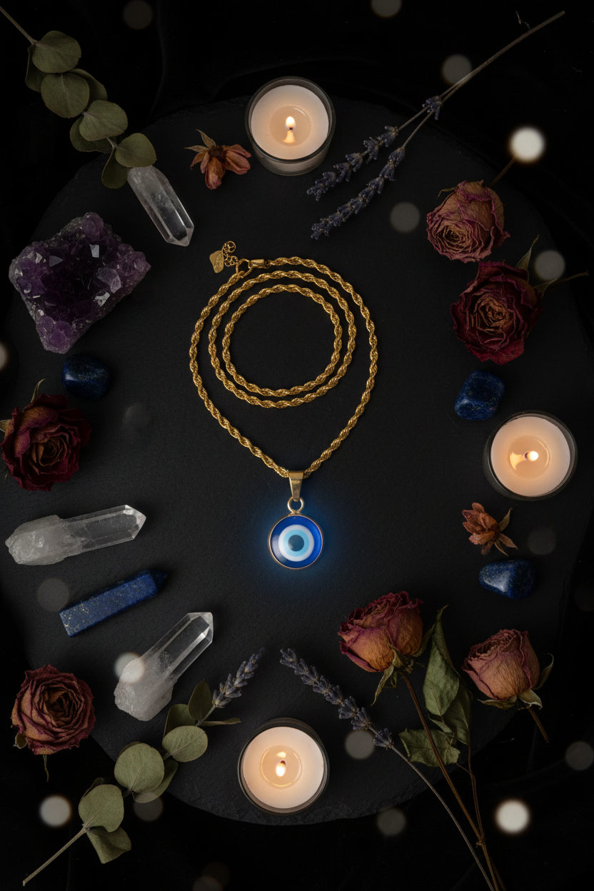 Evil Eye Necklace mystical flat lay with crystals and candlelight