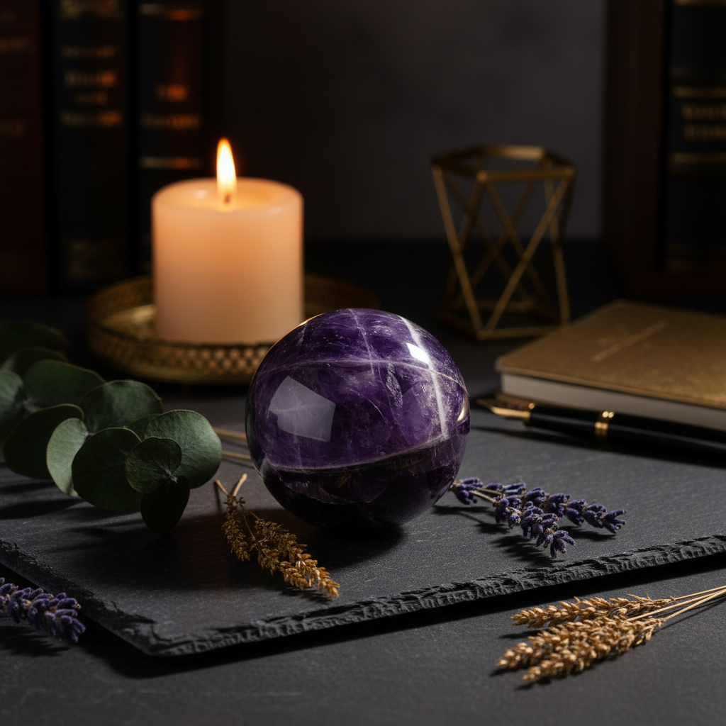 Polished amethyst crystal globe sphere on dark slate with botanicals and candlelight