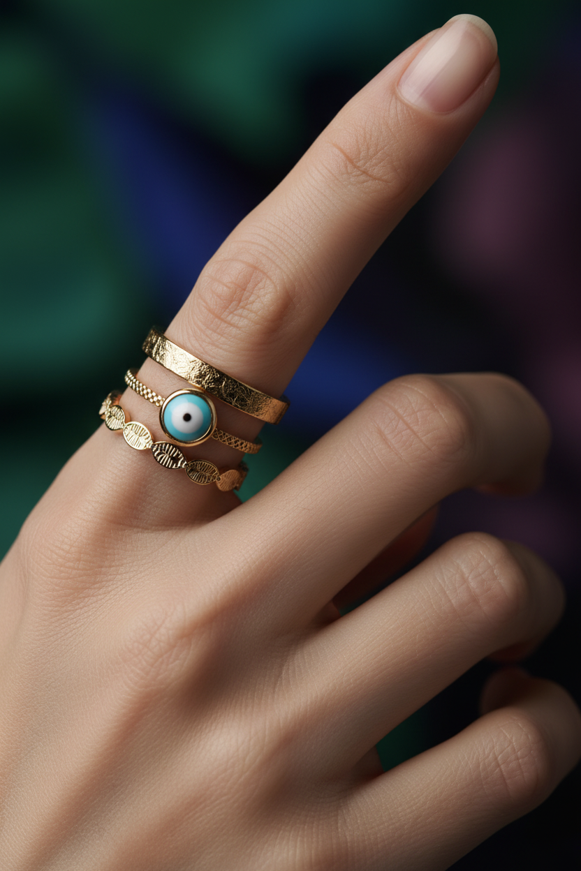 Extreme close-up of Evil Eye 3-Layer Ring on finger — dramatic editorial lighting luxury jewelry