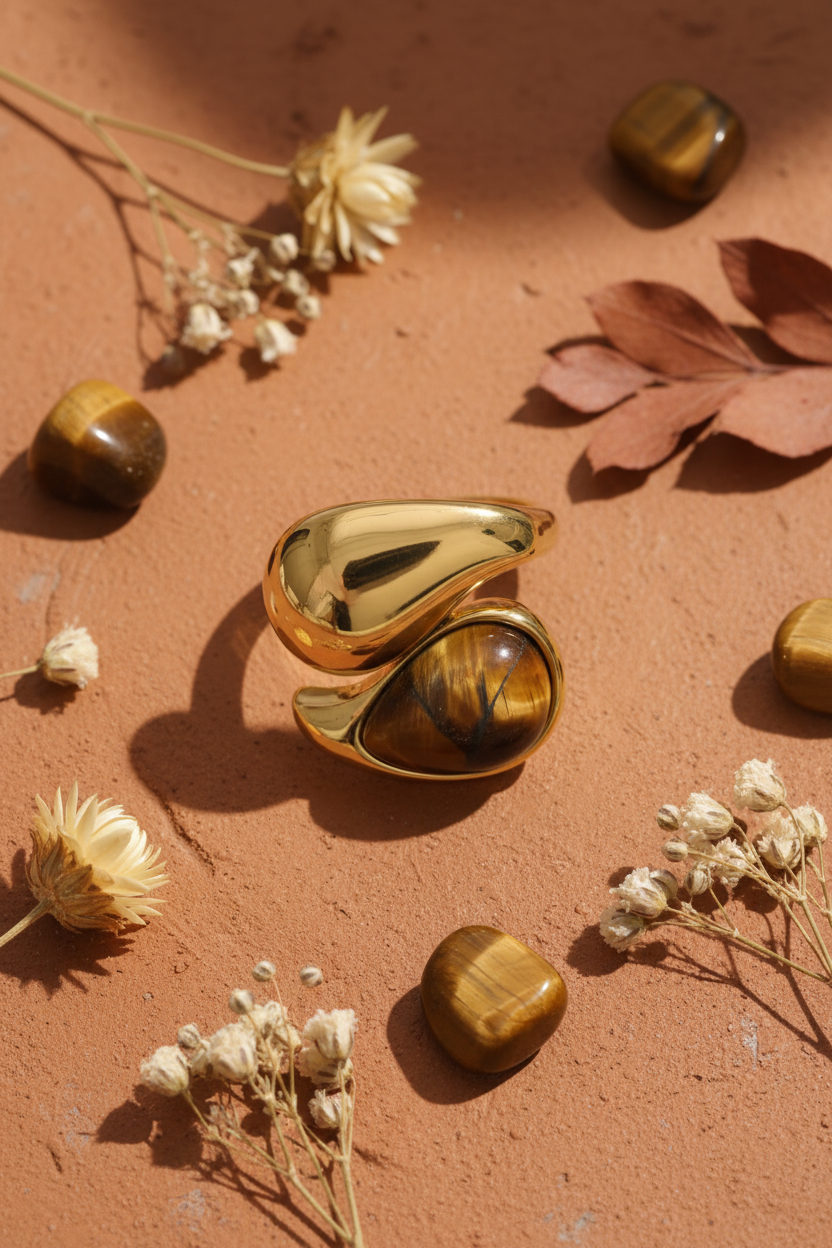 Tiger Eye ring portrait flat lay on terracotta surface with wildflowers and tumble stones
