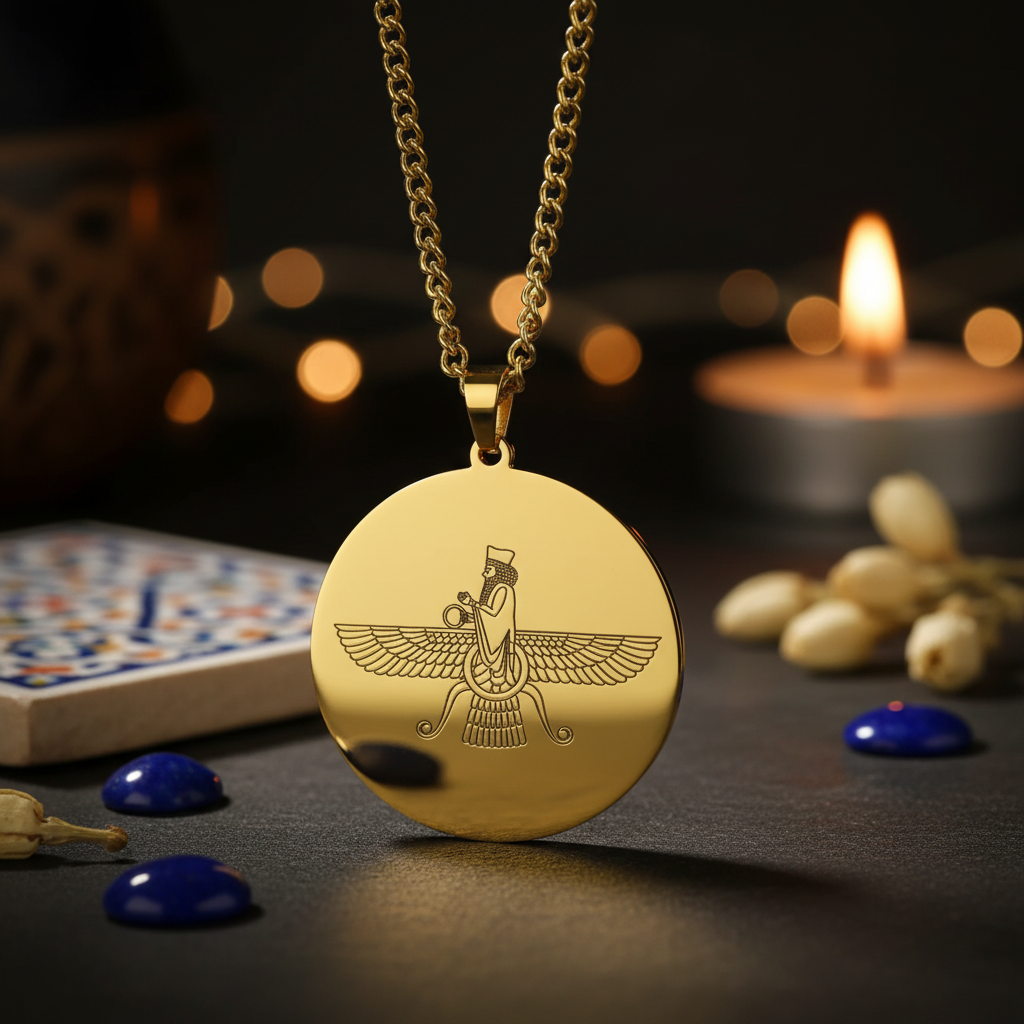 Faravahar Medallion Necklace — close-up macro with lapis lazuli gems, Persian tile and candlelight bokeh