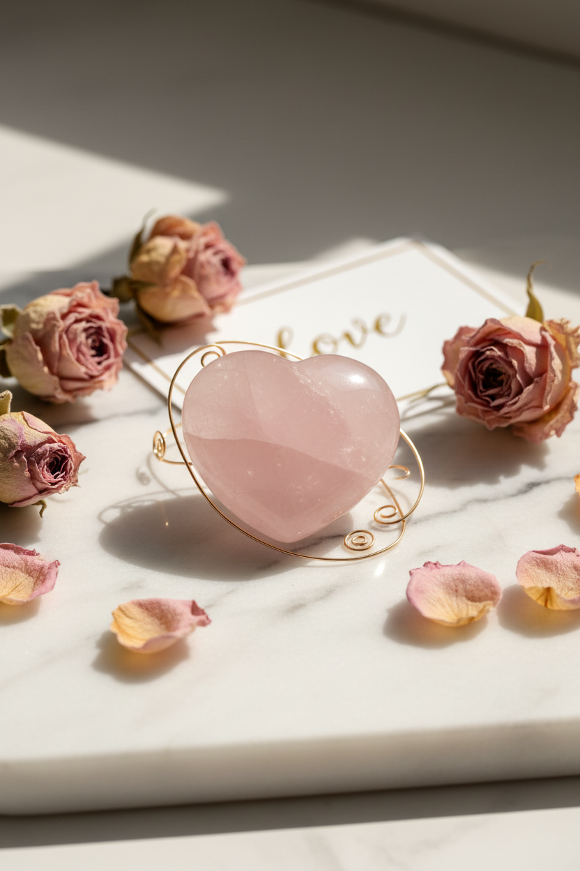 Polished rose quartz crystal heart on white marble with pink roses