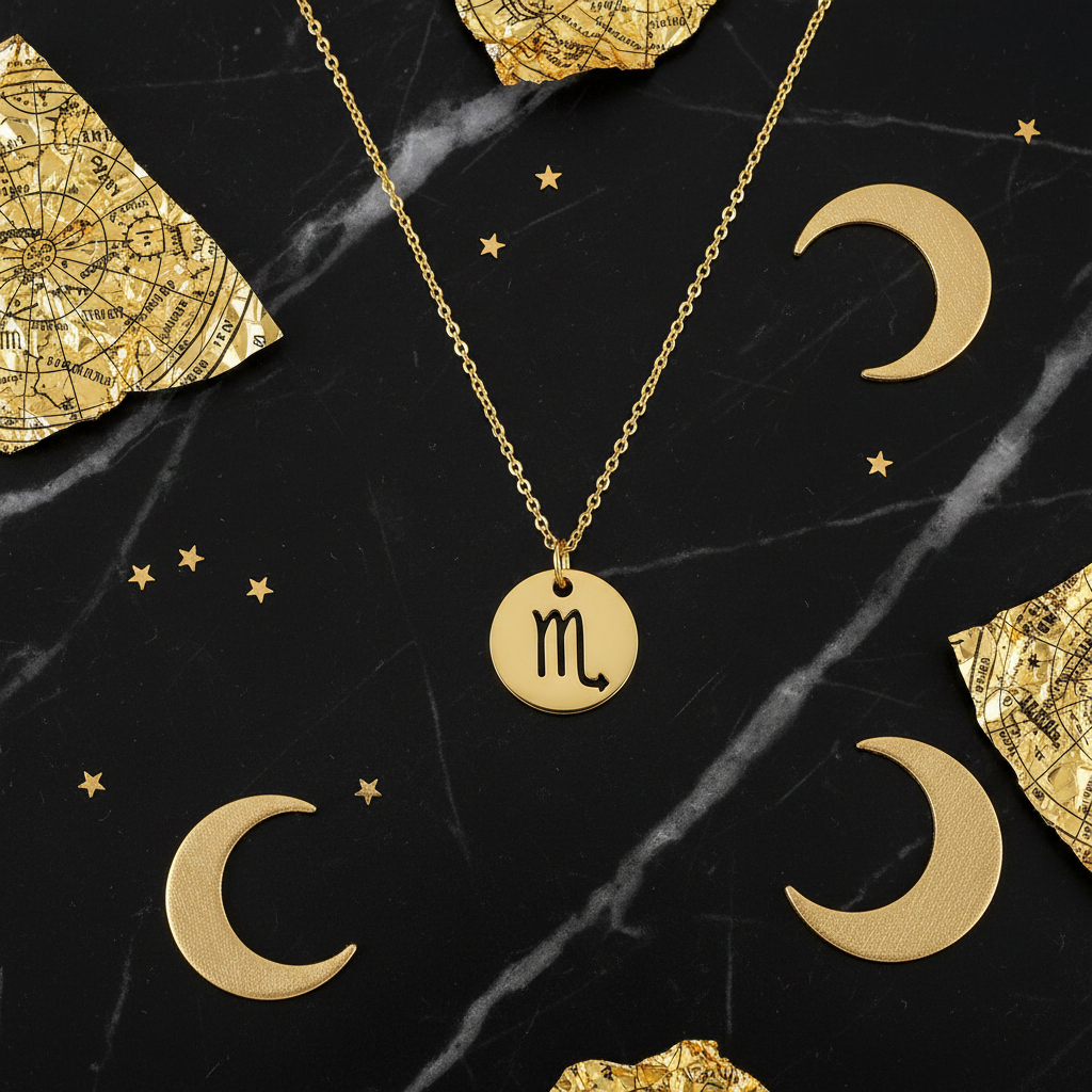 Zodiac Gold Pendant Necklace flat lay on black marble with constellation maps