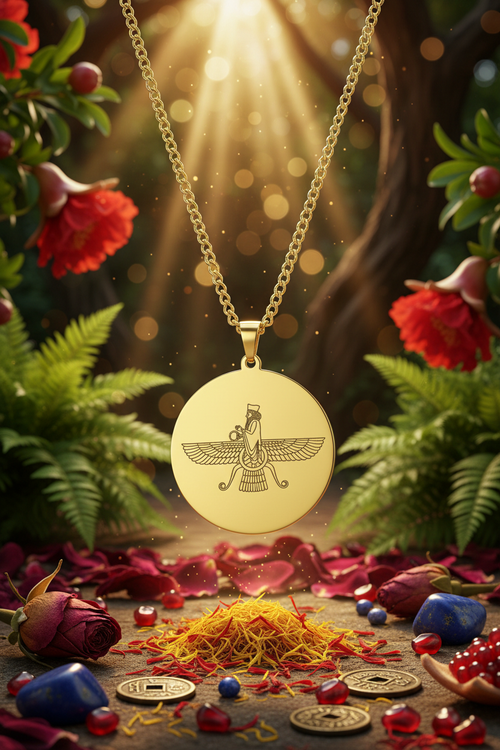 Faravahar Medallion Necklace in Gold — suspended in a mystical Persian garden with rose petals, lapis lazuli and saffron