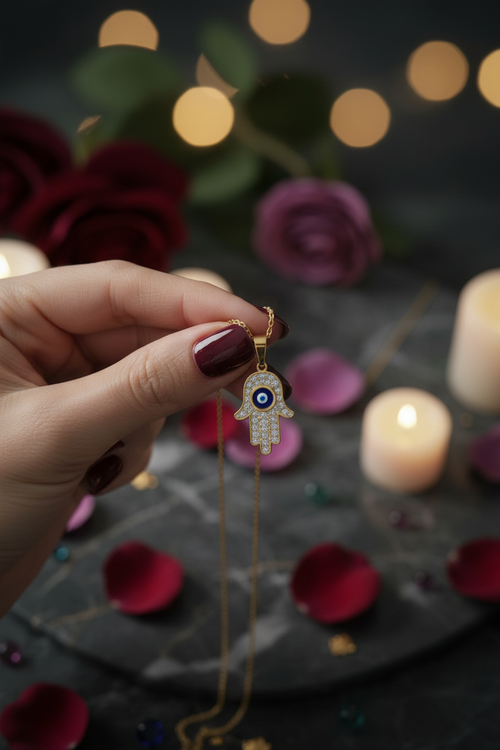 Gold Hamsa Evil Eye Necklace — held in hand with candle and rose petal bokeh background