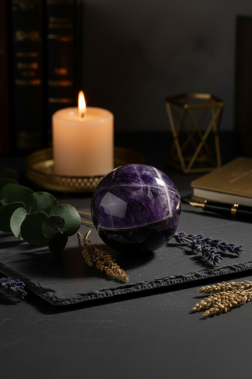 Polished amethyst crystal globe on dark slate with botanicals and candlelight - portrait