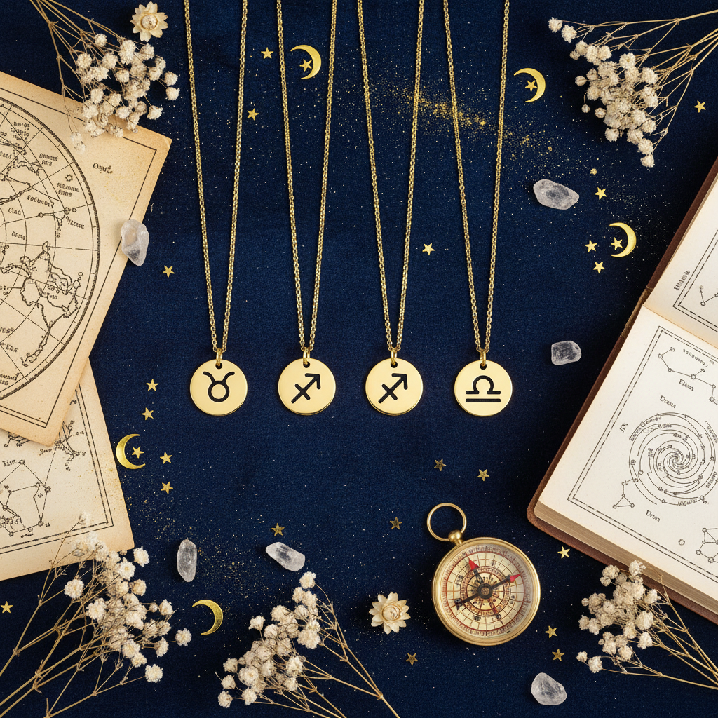 Zodiac Gold Pendant Necklace flat lay on navy velvet with celestial props, crystals, star charts and astronomy books