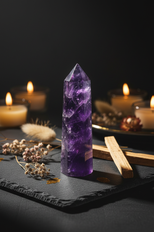 Single natural amethyst crystal point tower on dark slate with botanicals and candlelight