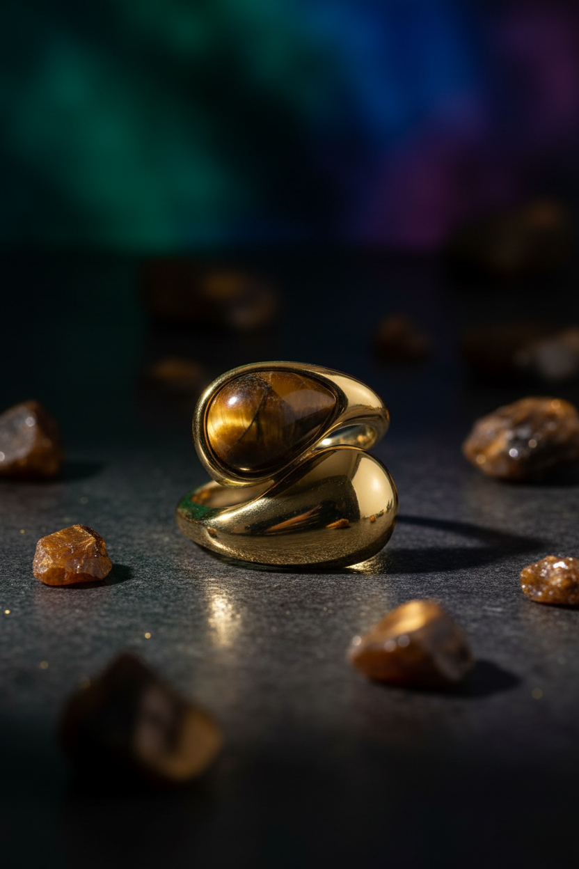 Tiger Eye ring editorial dark moody lifestyle shot with raw crystals