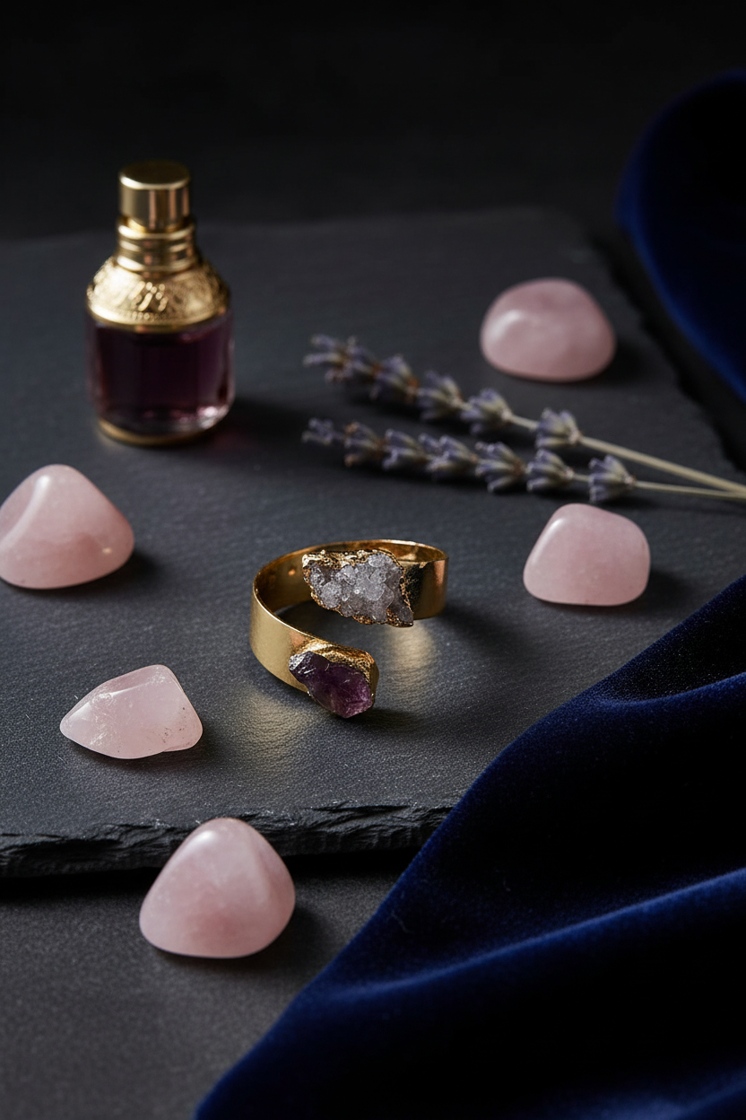 Crystal Quartz & Amethyst Gold Plated Ring - dark slate editorial with complementary accessories