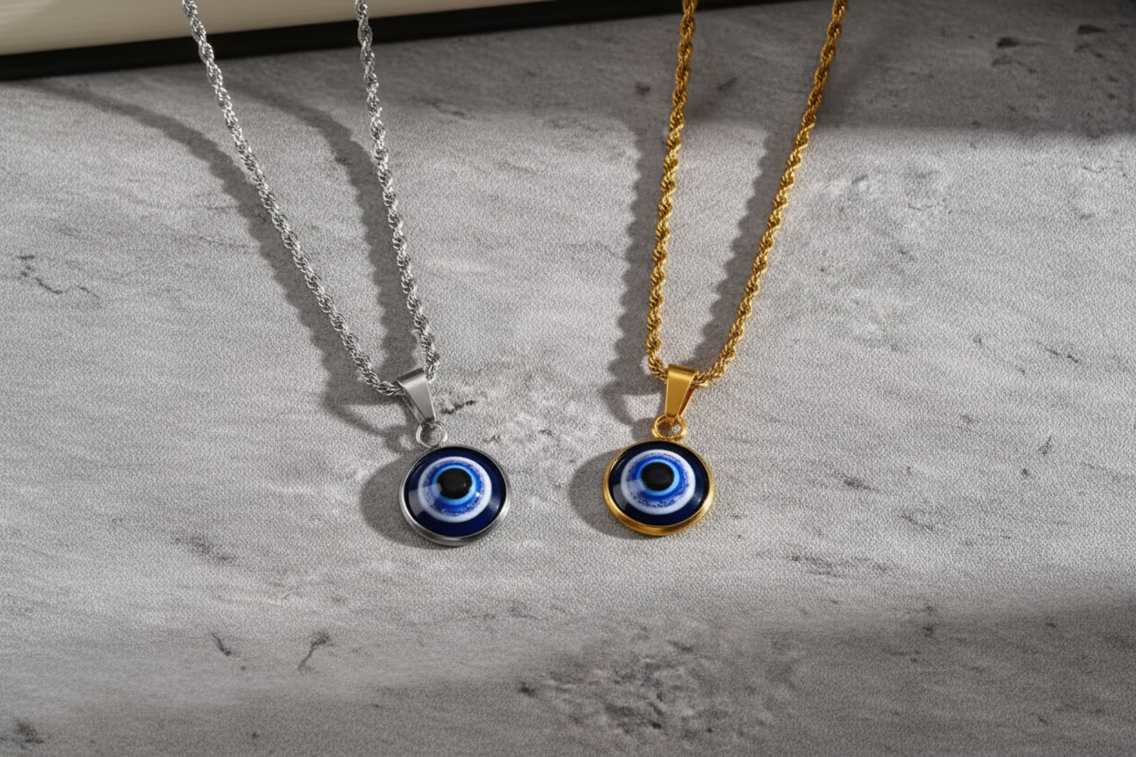 Silver and gold evil eye necklaces flat lay on grey stone surface
