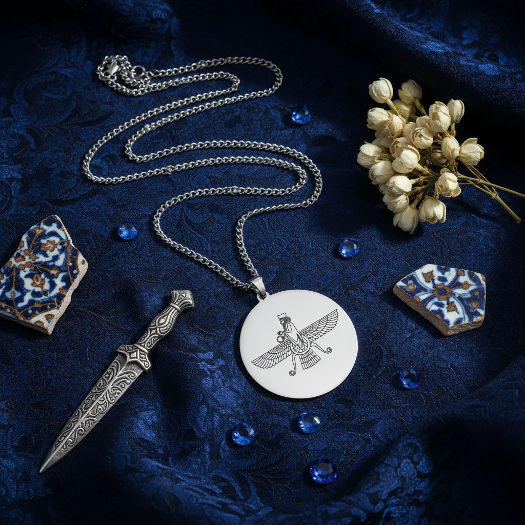 Faravahar Medallion Necklace in Silver — flat lay on navy Persian silk with sapphire gems and jasmine