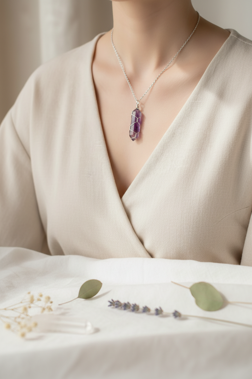 Hexagonal pendant and necklace in a bright minimalist setting