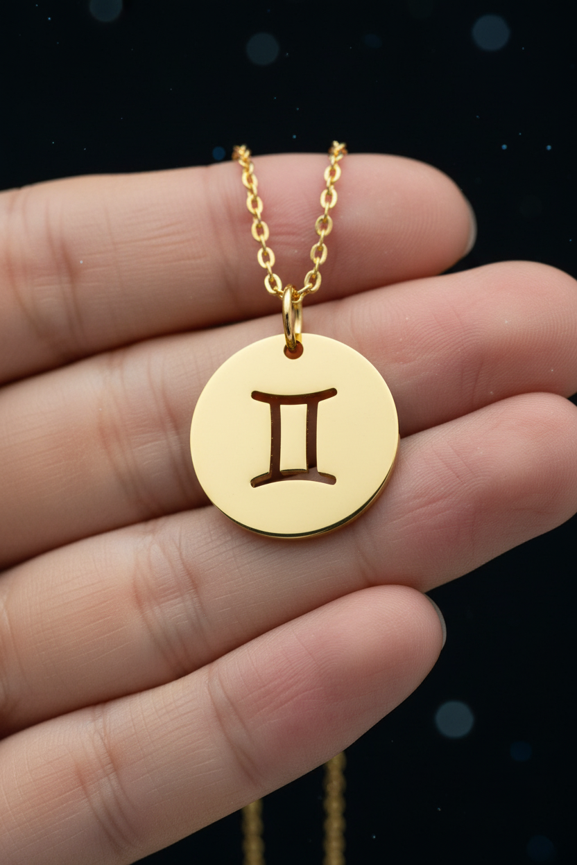 Zodiac Gold Pendant Necklace close up held against starry dark background