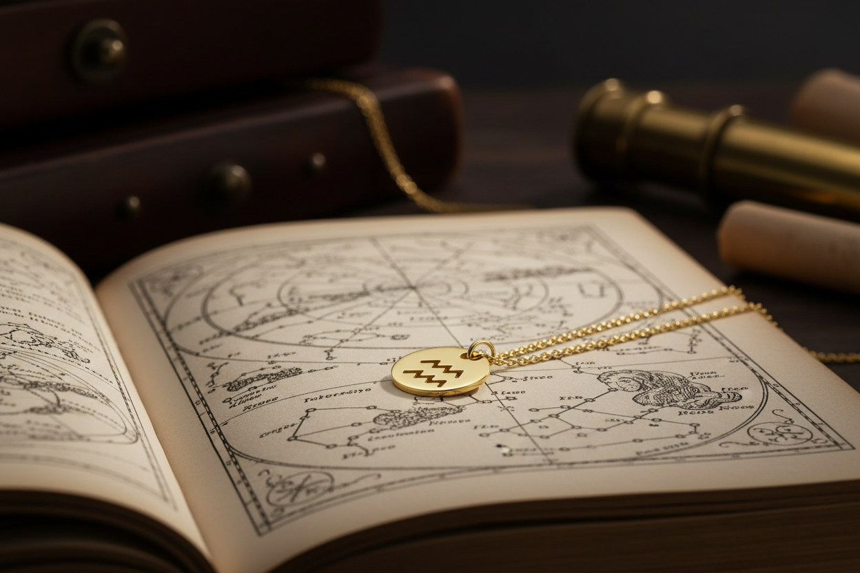 Zodiac Gold Pendant Necklace lifestyle shot on vintage astronomy book