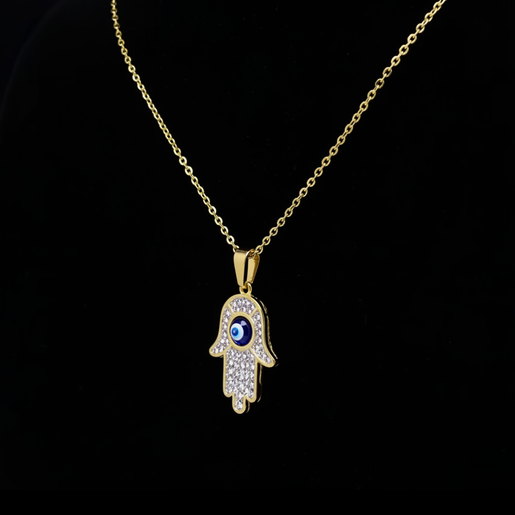 Gold Hamsa Evil Eye Pendant Necklace on black background