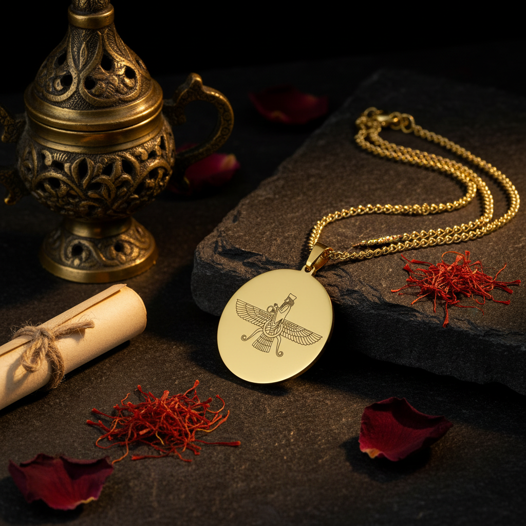 Faravahar Medallion Necklace — 45° angle with brass incense burner, saffron and rose petals on dark surface