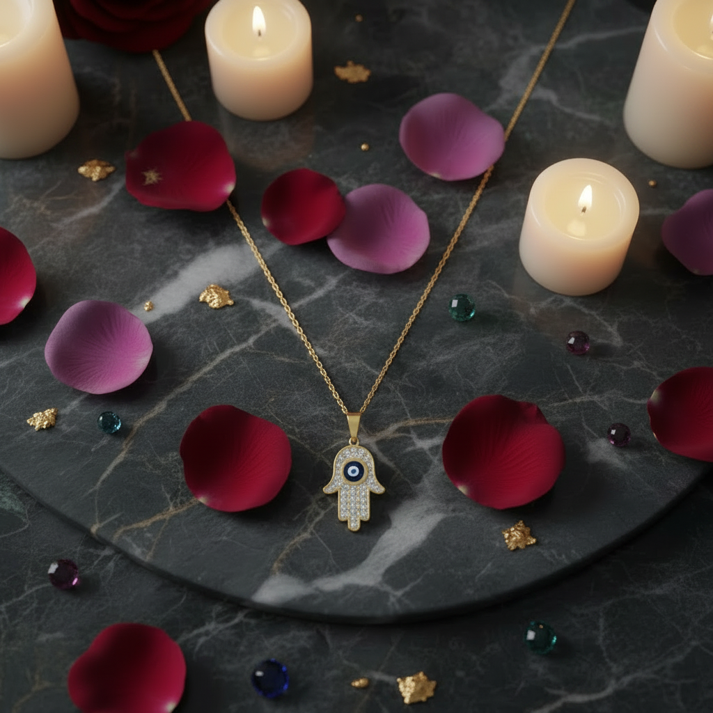 Gold Hamsa Evil Eye Necklace — close-up macro flat lay on dark marble with candle and rose petals