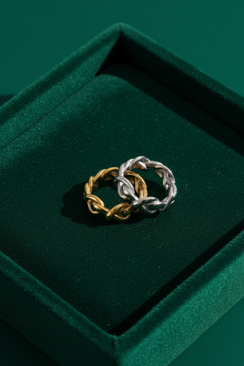 Chain Link Twist Ring - Emerald velvet flatlay