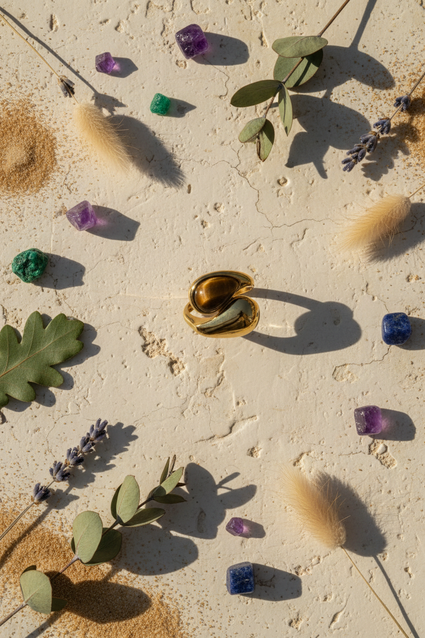 Tiger Eye Ring Flatlay - Stone Surface Portrait